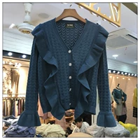 Hàn Quốc một gia đình chính hãng cổ chữ V xù lông tay áo đơn ngực là áo len mỏng đan len phụ nữ cổ tích áo len tay phồng