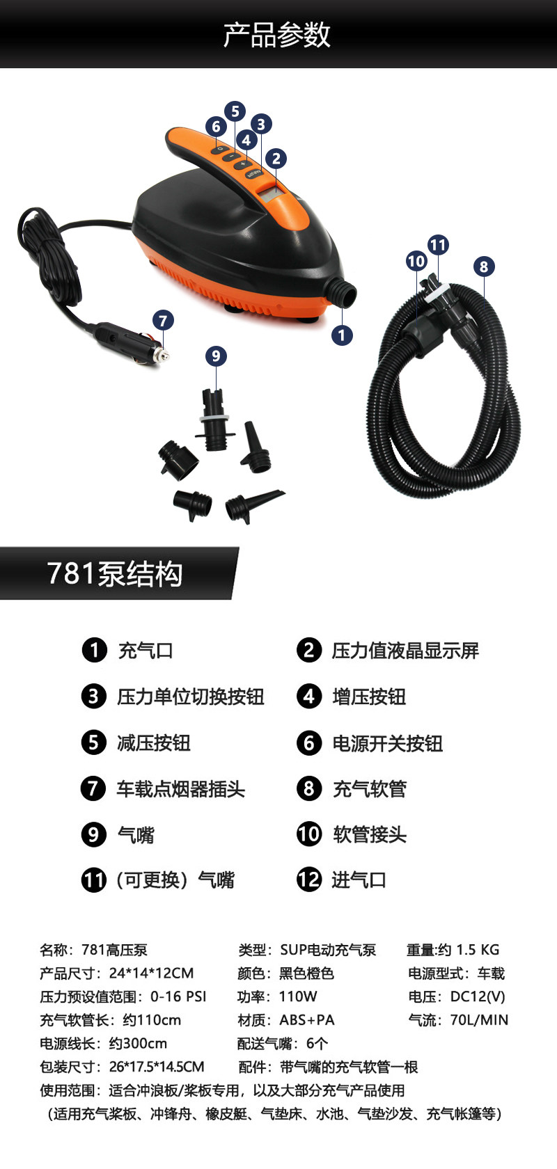 Насос 车载12v电动充气泵桨板直立板皮划艇冲锋舟橡皮艇充气船打气泵 OTHER