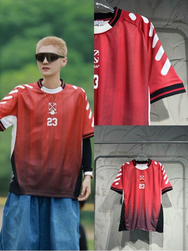 Wu Ha Luhan's Same Style No. 23 Red Football Jersey with Striped Patchwork and Color-Blocking Short-Sleeve Loose Top Trendy