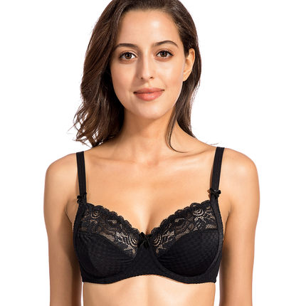 超薄性感半透蕾丝文胸暗纹全罩杯收副乳防下垂上托内衣大胸少女-tmall.com天猫