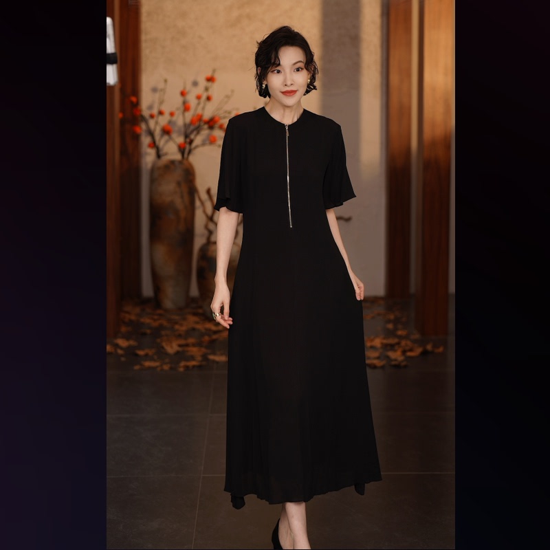 【Xiwen Premium Selection】Double-Layered Silk Chiffon Dress with Zipper, Made of Mulberry Silk, with Three-Quarter Sleeves, Long Style 8673