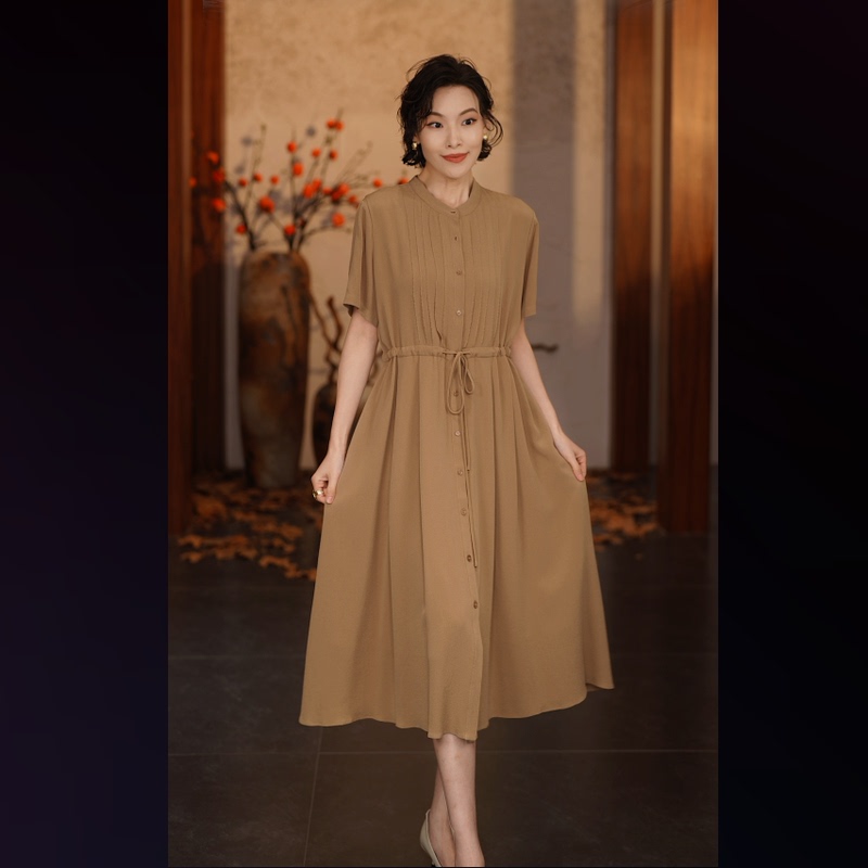 【Xiwen Premium Selection】Small Stand Collar, Striped, Silk Waist Drawstring, 30mm Ghost Crepe Mulberry Silk Dress 255402 【Xiwen Premium Selection】Small Stand Collar, Striped, Silk Waist Drawstring, 30mm Ghost Crepe Mulberry Silk Dress 255402
