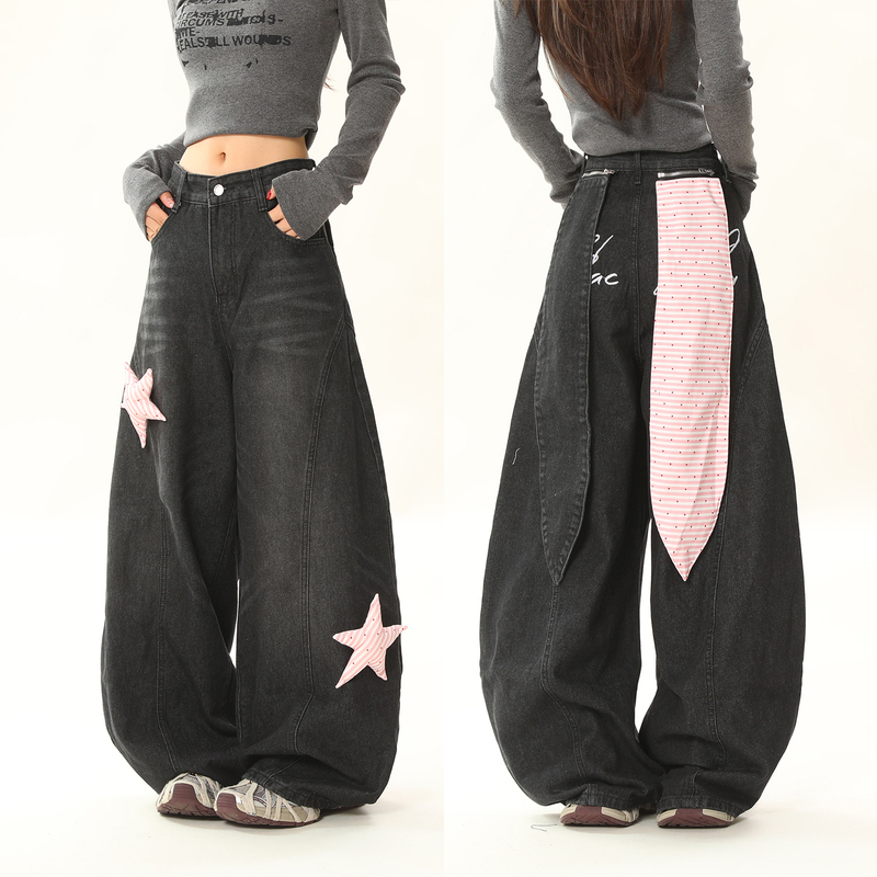 Aonw American Hip-Hop Jeans with Star Embellishments, Scimitar Pants, Loose Wide-Leg Dance Bunny Pants for Women