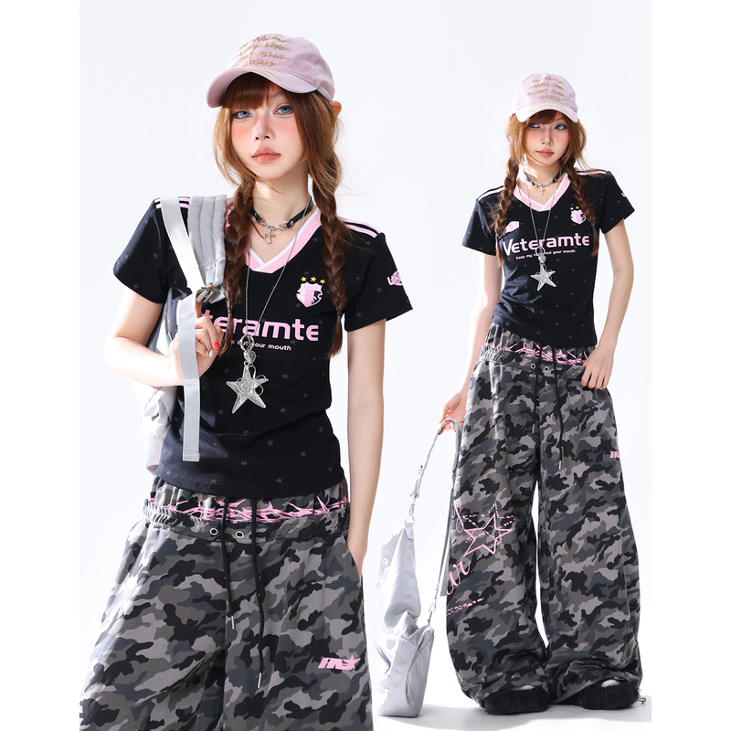 Aonw American Style Spicy Girl Slim-Fit Jersey Short-Sleeve T-Shirt for Women, V-Neck with Star Print, Black and Pink Color-Blocking, Short Top with Regular Shoulders Aonw American Style Spicy Girl Slim-Fit Jersey Short-Sleeve T-Shirt for Women, V-Neck with Star Print, Black and Pink Color-Blocking, Short Top with Regular Shoulders