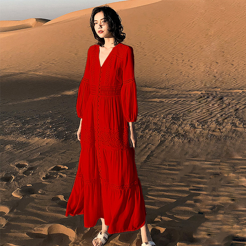 Red Desert Dunhuang Travel Outfit Photo Shoot Long Dress Beach Dress Women's Seaside Vacation Exotic Ethnic Style Dress