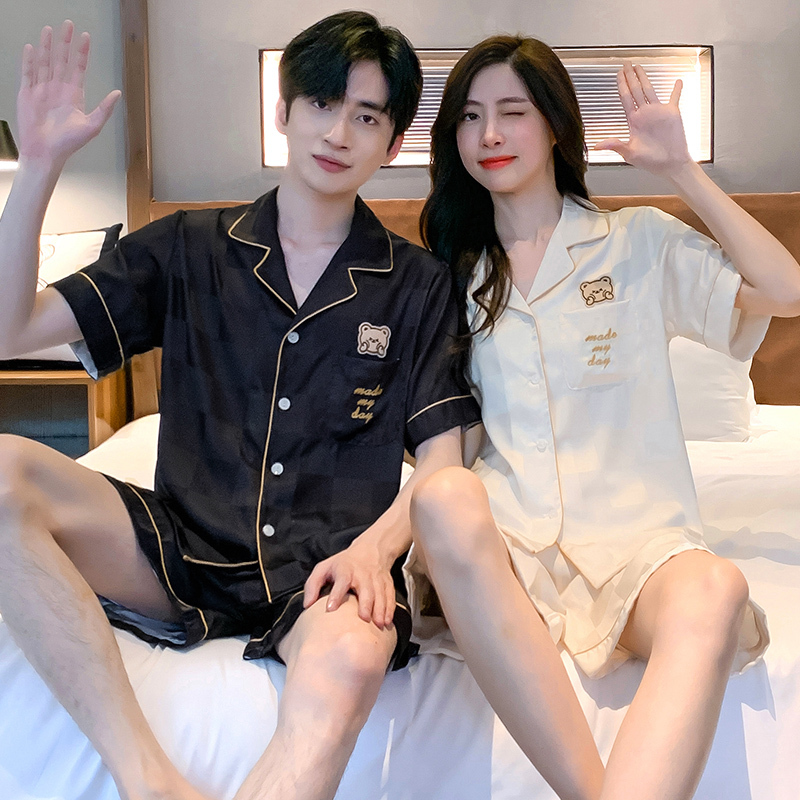 Couple's Pajamas for Women, Summer Ice Silk Short-Sleeved Shorts, Bear Design, High-End Checkerboard Pattern, Can Be Worn Outside, Summer Loungewear for Men