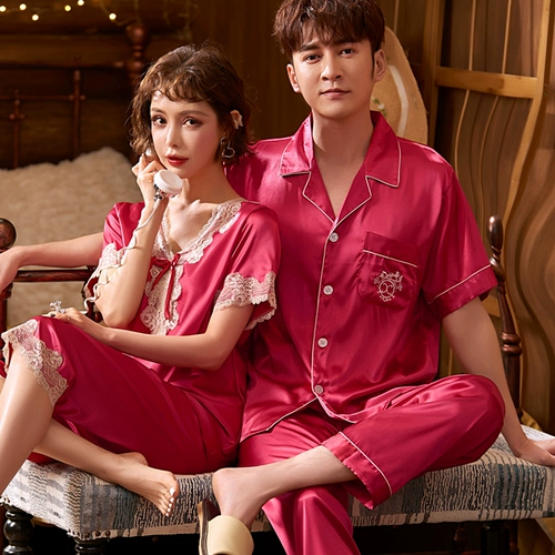 Летняя шелковая пижама для влюбленных, кружевные штаны, домашняя одежда, короткий рукав, простой и элегантный дизайн, в корейском стиле