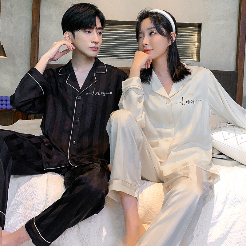 Lezimeng Couple Pajamas for Women, Spring and Autumn Ice Silk Long-Sleeve High-End 2026 New Men's Cardigan Loungewear
