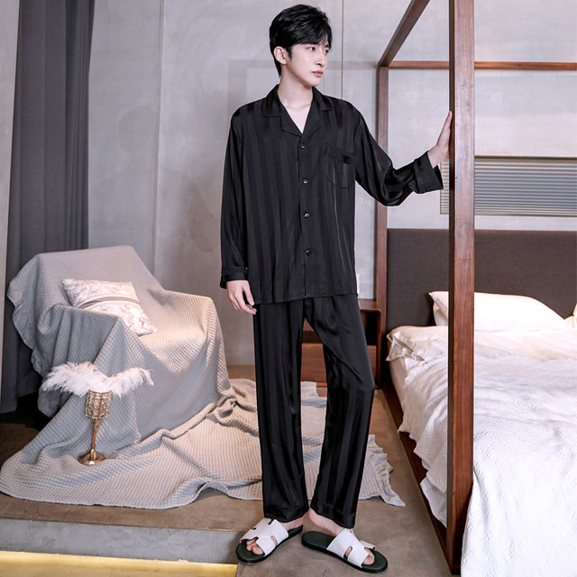 Ice Silk Pajamas Men's Spring and Autumn Style Silk Summer Home Clothes Long Sleeve Men's Striped Autumn Style Boys Four Seasons Large Size