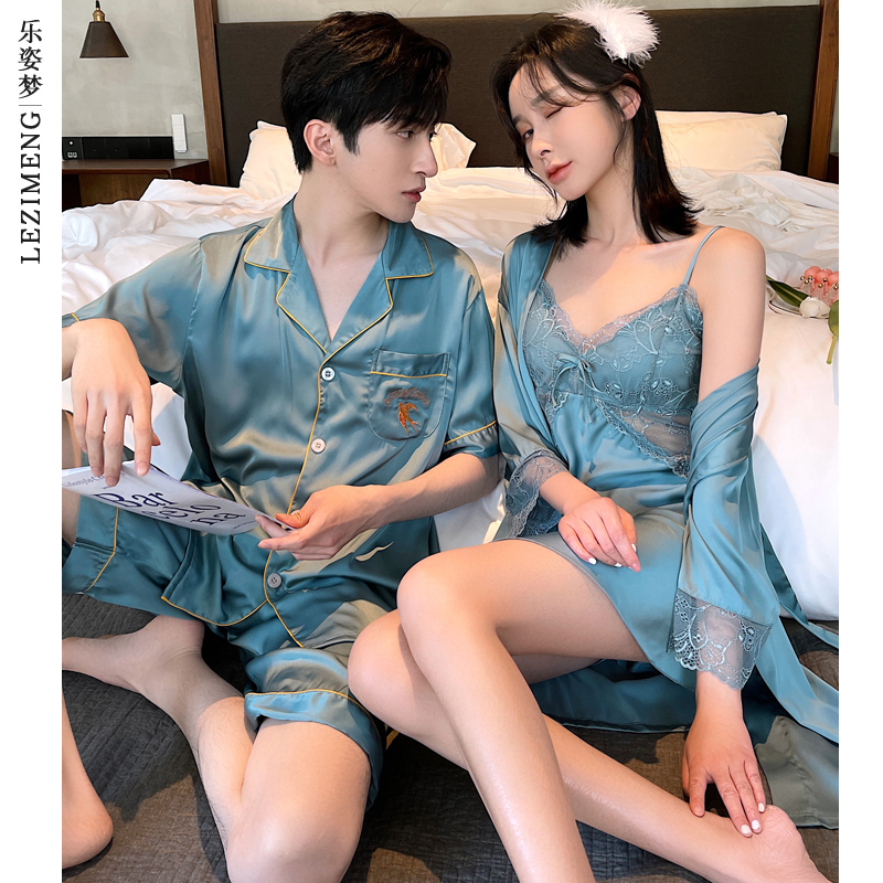Couple Pajamas for Women, Summer Ice Silk Sexy Lace Camisole Nightgown, Summer Short-Sleeved Men's Set, Loungewear