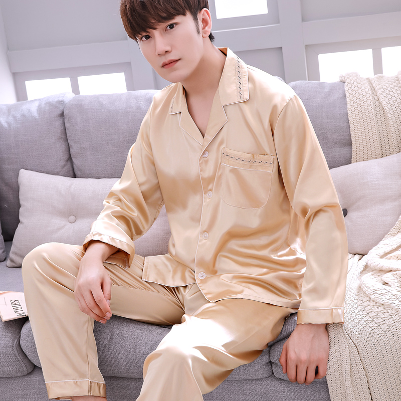 khe cắm bộ đồ ngủ Mens Xuân Thu Silk Long Sleeve hai mảnh bộ Hàn Quốc phiên bản lụa băng mỏng trẻ cộng với sân nhà quần áo.