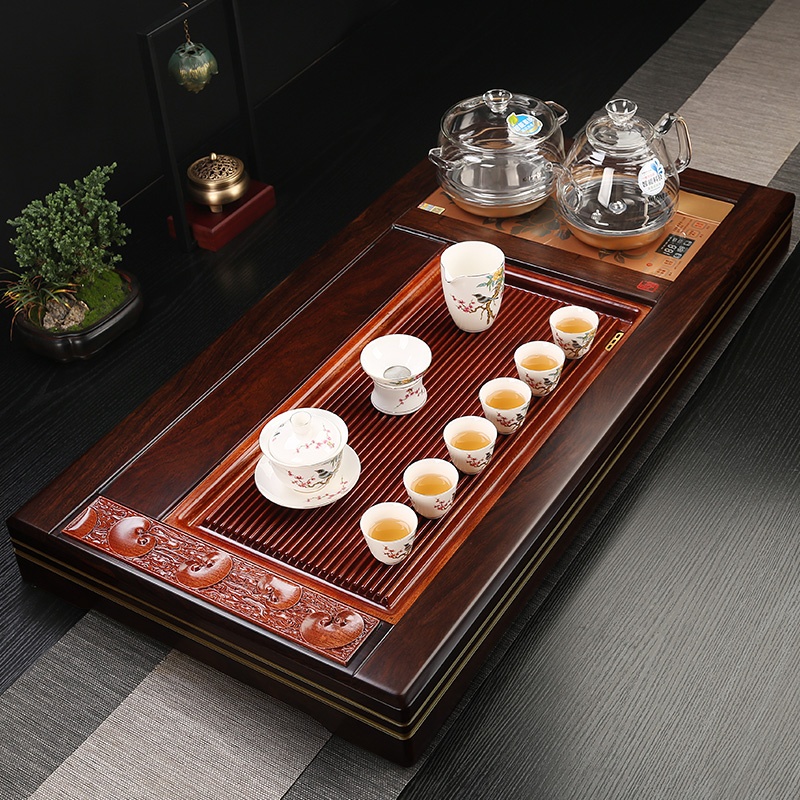 Solid wood tea tray with induction cooker integrated ebony tea set complete set of Kung Fu tea set office home high-end