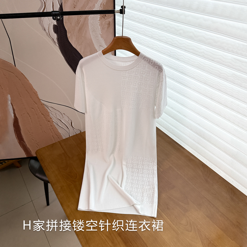 Equestrian Old Qian Jingshe Silk Cotton Patchwork Hollow Knit Dress Women's Pig Nose Jacquard Summer Thin Dress