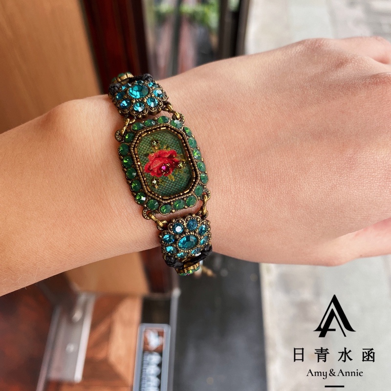 Michalnegrin Domestic Stock Emerald Crystal Enamel Bracelet Leather Cord Brass Vintage Michalnegrin Domestic Stock Emerald Crystal Enamel Bracelet Leather Cord Brass Vintage