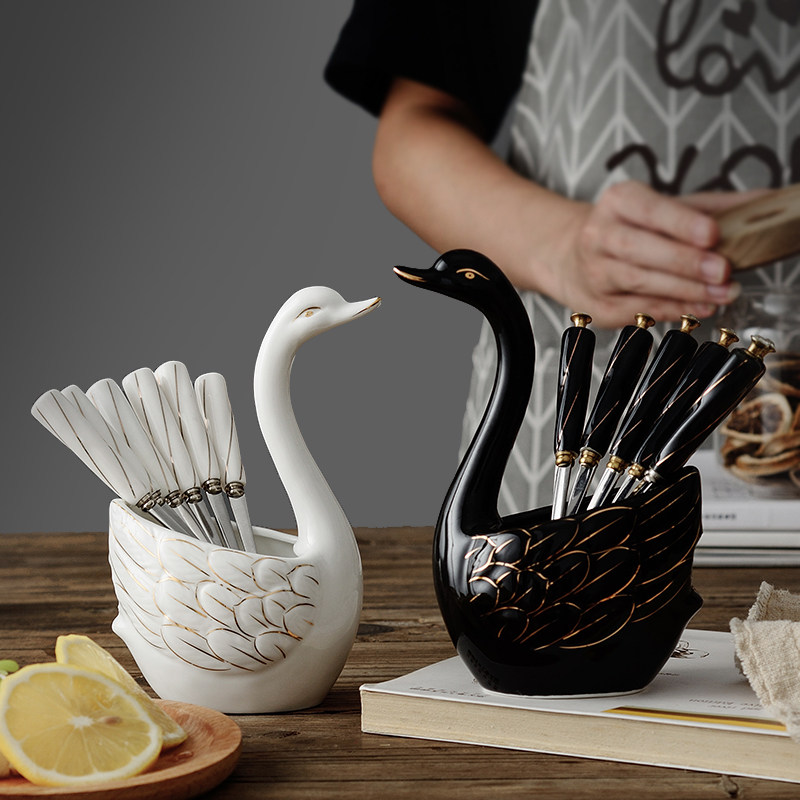 Home Fashion Swan Fruit Fork Set Creative Stainless Steel Fruit Fork Cute Dim Sum Fork Dessert Small Fork Skewer