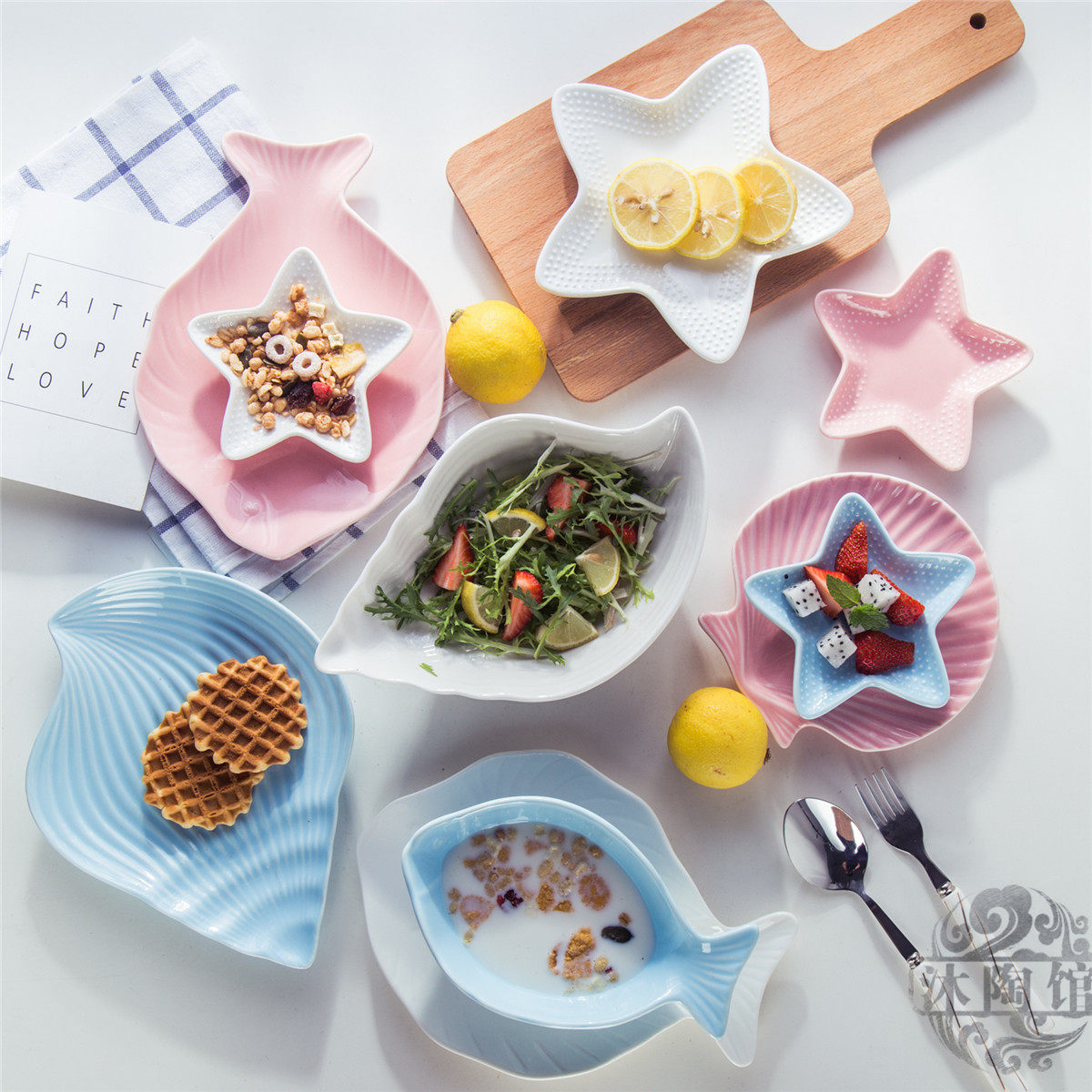 Creative Marine Fish Bowl Disc disc Disc Ceramic Dinner plate Dish Plate Fruit Breakfast Tray Saucer Dish Suit Cutlery-Taobao