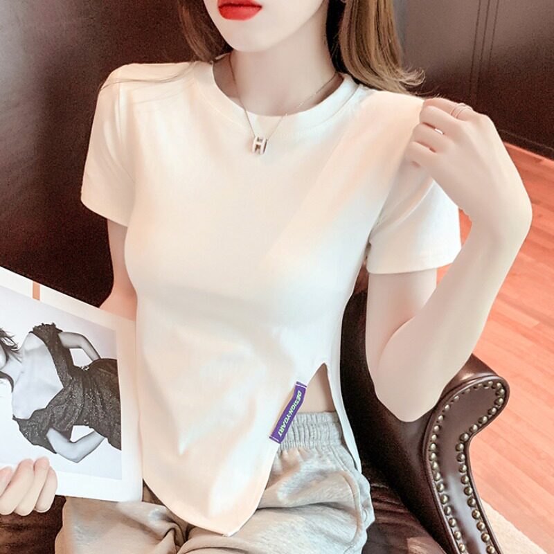 2021 Korean version of irregular white high-end T-shirt slim short-sleeved design sense niche net red top women's summer