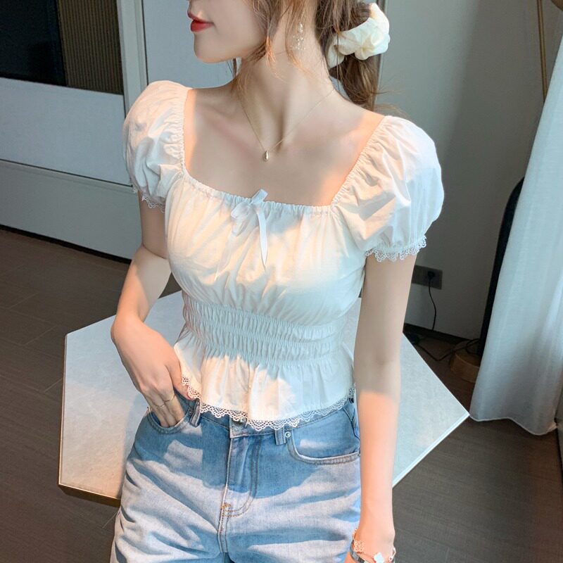 Summer 2021 new French white lace square neck short sleeve puff shirt short sleeve chiffon shirt sweet tie top woman