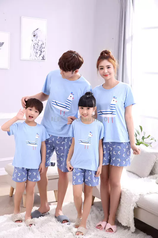 Mùa hè mới cha mẹ trẻ con cotton đồ ngủ ngắn tay hoạt hình nam nữ dễ thương