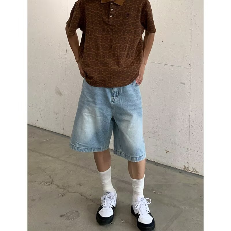 American Retro Washed Denim Shorts for Men, Summer Cleanfit Loose Straight Wide-Leg Casual Five-Point Pants