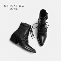  Pointed Martin boots womens thick heels 2019 autumn and winter new leather handsome belt buckle trend high-heeled lace-up boots