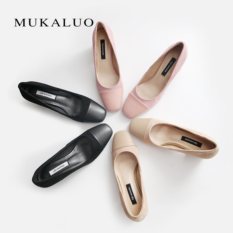 Wood Carlo Single Shoe Woman 2020 Spring New Light Mouth Coarse Heel Square Head Fashion Almond color genuine leather Han version 100 hitch heels