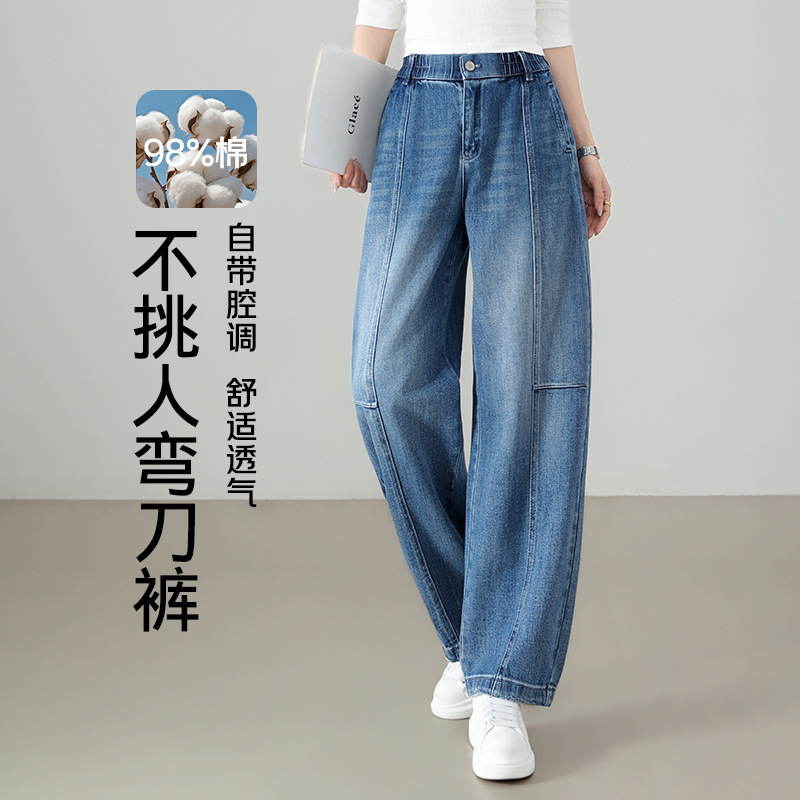 Women's Denim Scimitar Pants 2026 Spring New High-Waisted Loose Slimming Versatile Elastic Waist Narrow Wide-Leg Pants