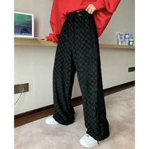 He Mo 2021 New loose plaid sports pants womens guard pants spring and autumn pants ins Tide wide leg pants casual pants