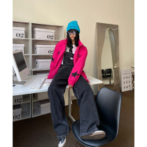 He Yimo 2022 winter new street tide brand black denim overalls womens loose age-reducing high-waist jumpsuit