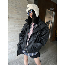 He Yimo Black Design Sense Niche Padded Leather Coat Womens 2023 Early Spring New Casual Motorcycle Coat