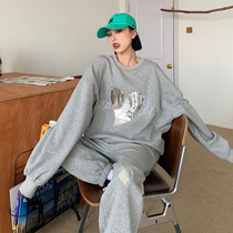 How Mo Mo 2021 Spring and Autumn New Leisure Sports Set Women Love Printing Sweat Pants Two-piece ins