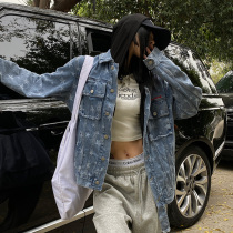 He Yimo Hong Kong style retro full printed denim jacket female 2023 spring new loose casual couple jacket