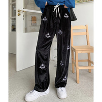 How to foam American retro 2021 New embroidered velvet casual pants womens spring and autumn thin straight pants trousers tide tide
