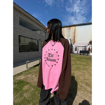 He Yimo American raglan sleeve stitching long-sleeved T-shirt womens 2023 early spring new loose casual couple tops