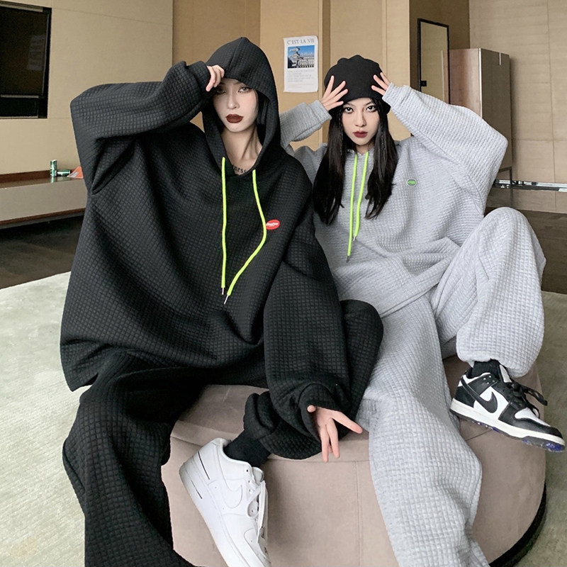 He Yimo sweater sports casual suit women's autumn and winter 2021 new thick cotton T sweatpants waffle two-piece set