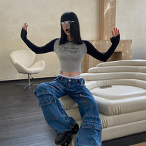 He Yimo retro design sense color matching letter printing T-shirt womens 2023 early spring new pullover round neck top tide