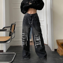 He Yimo small crowd retro washed damaged jeans womens 2023 spring new double waist design wide-leg pants