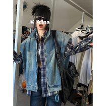 He Yimo American-style high-end denim vest womens 2023 early spring new loose profile shoulder pad couple tops