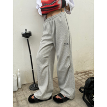 He Yimo American style high street drawstring sports pants womens 2023 early spring new loose printed casual pants