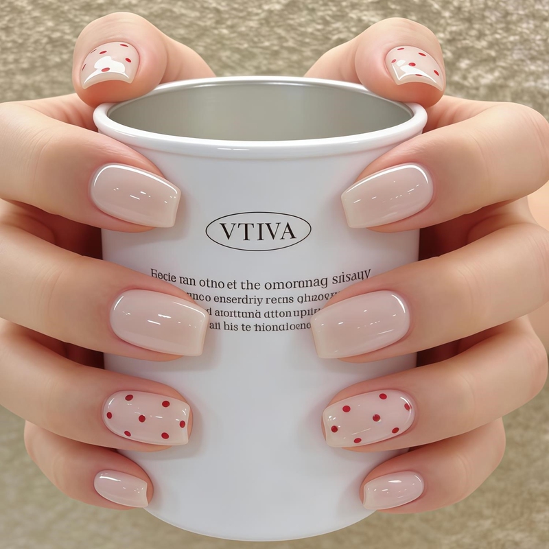 Spring and Summer New Style Handmade Milky White and Red Polka Dot Nail Stickers with a Simple and Elegant Look, Medium Square Shape, High-End Feel