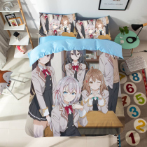 Customized anime in Russian for classmate Ellie at the table next to her four-piece bed sheet and quilt cover student otaku single bedroom bed