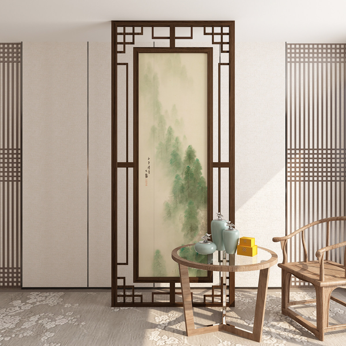 Entrance screen partition wall living room new Chinese hotel entry solid wood lattice hollow creative porch log shelter