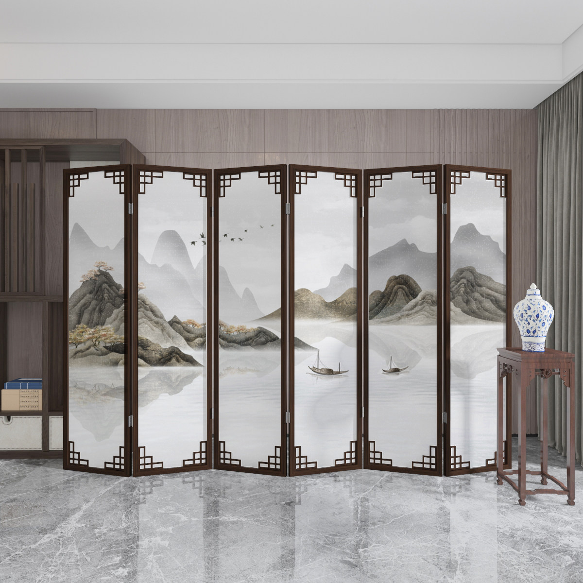 Screen folding mobile partition wall Chinese-style living room office hotel dining room decoration solid wood flower lattice landscape shelter