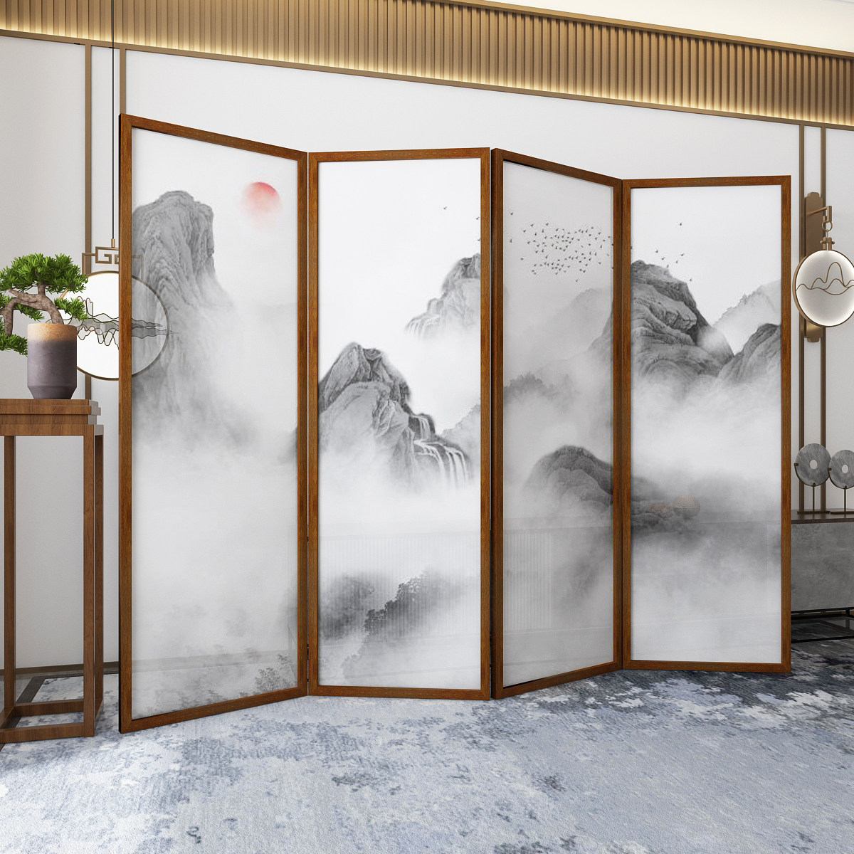 New Chinese screen partition Living room office folding mobile bedroom block home entrance decoration Landscape block brake