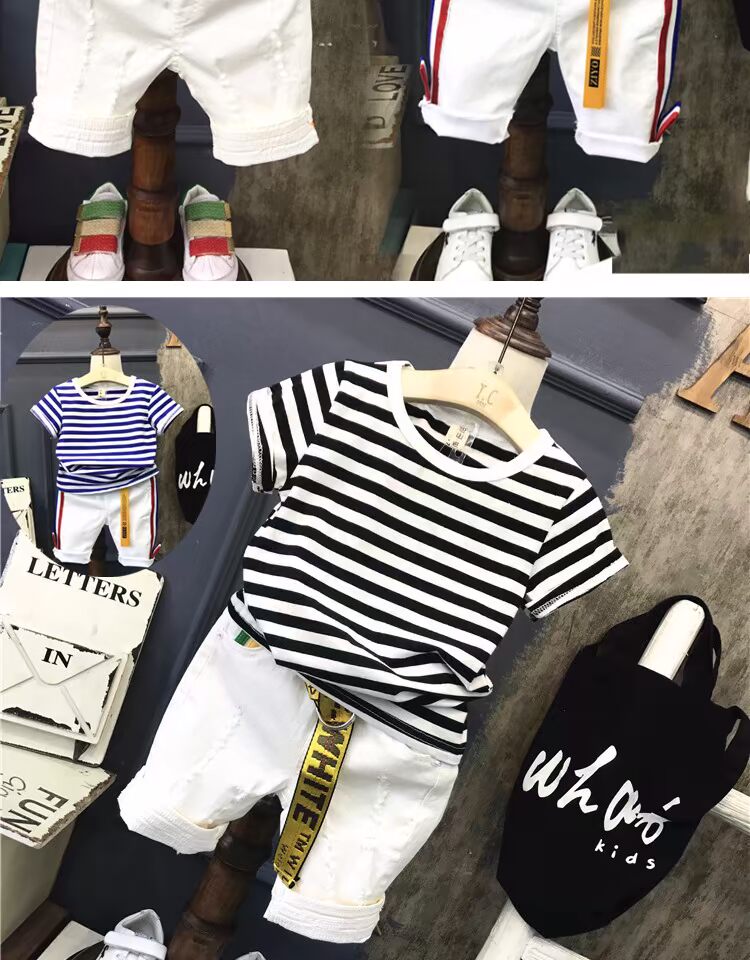 Bộ đồ mùa hè cho bé trai Mới 2018 thời trang sọc ngắn tay áo thun đáy quần + quần denim phù hợp với áo hai dây kinh doanh quần áo trẻ em