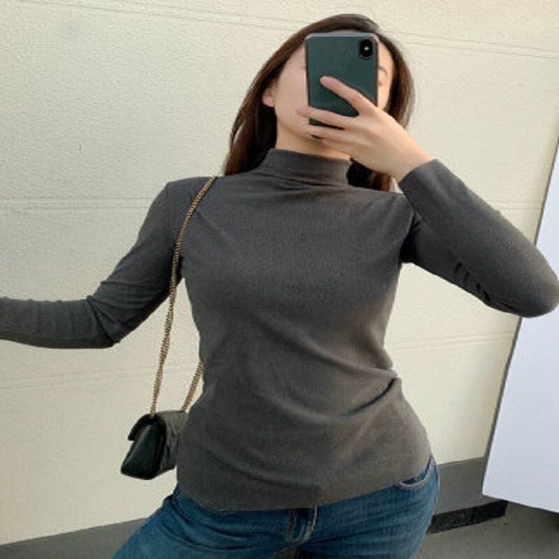 2019网红爆款秋冬阳离子保暖衣中领纯色德绒螺纹长袖t恤打底衫女