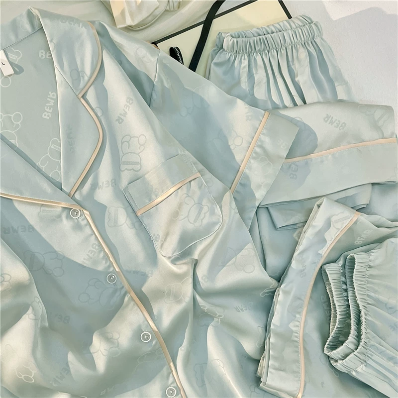 Silk pijama, spring summer shorts, trousers, set, gift box, with short sleeve, 3 piece set, high-quality style, Birthday gift