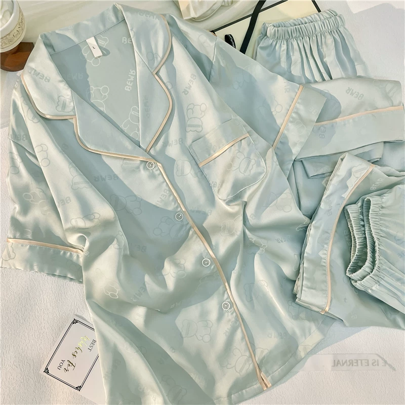 Silk pijama, spring summer shorts, trousers, set, gift box, with short sleeve, 3 piece set, high-quality style, Birthday gift