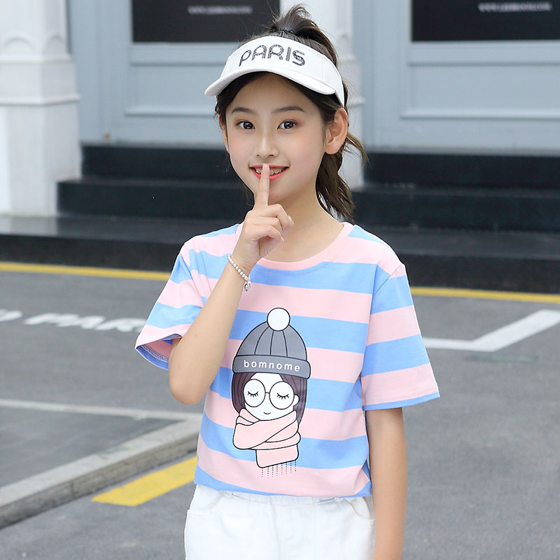 Girls short-sleeved T-shirt 2021 new middle-aged children's half-sleeved girls striped cotton Western style net red body T-shirt children