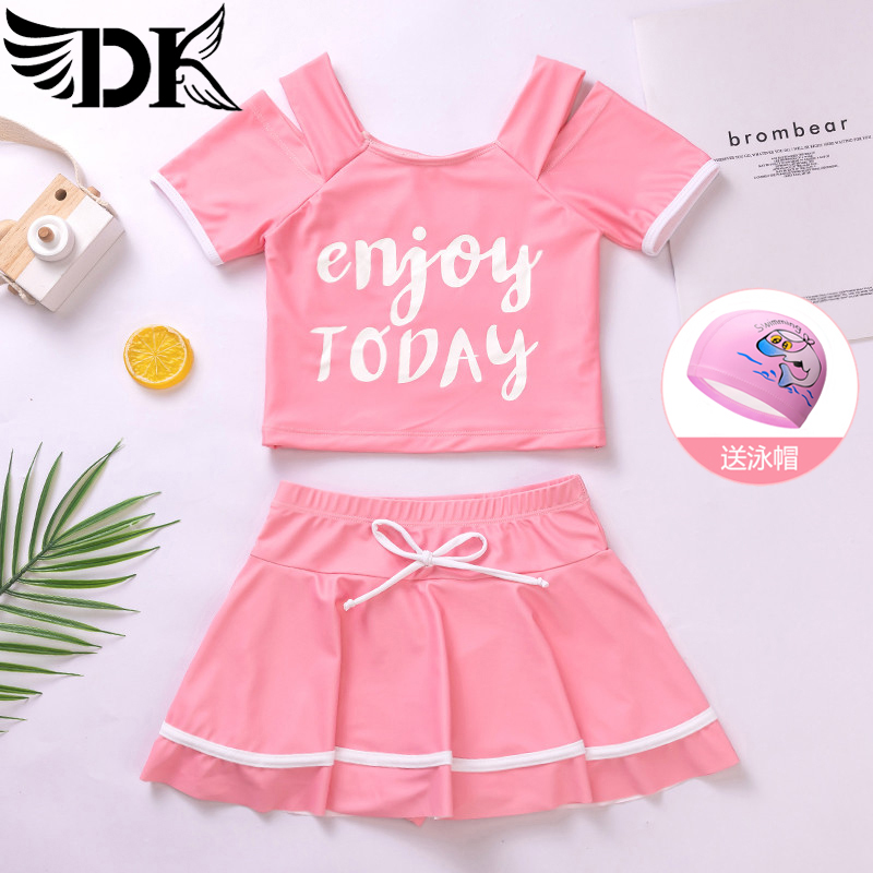 DK Children's swimsuit girl split middle child girl student cute pink little princess skirt sunscreen swimsuit